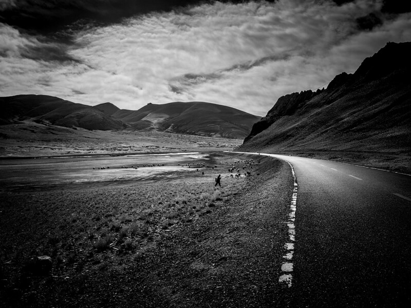 black and white road