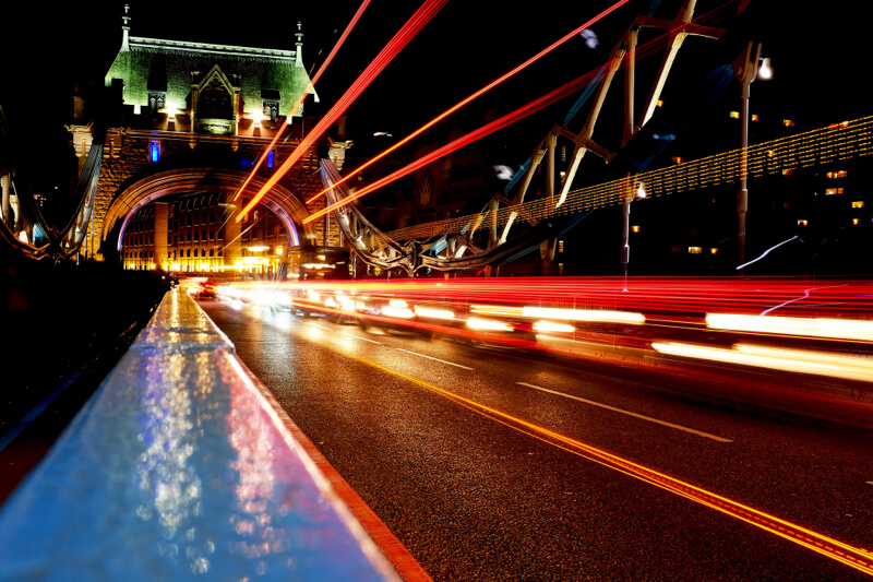 Long exposure of traffic on Tower Bridge London at nIght