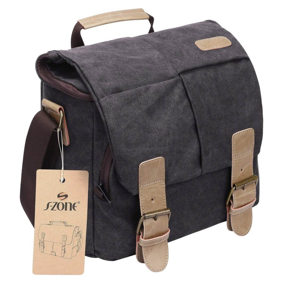 S-ZONE Vintage Waterproof Canvas Leather Trim DSLR SLR Shockproof Camera Shoulder Messenger Bag