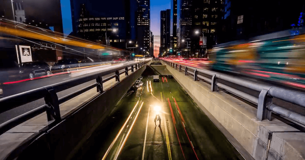 Night Portrait with Moving Cars